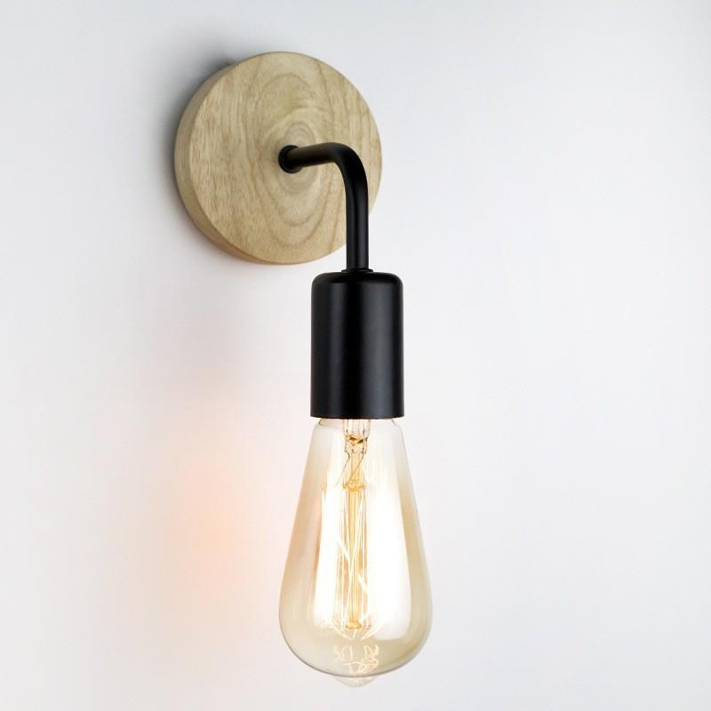 Modern Minimalist Iron Wall Lamp With Wooden Base For Bedroom Living Room Decor