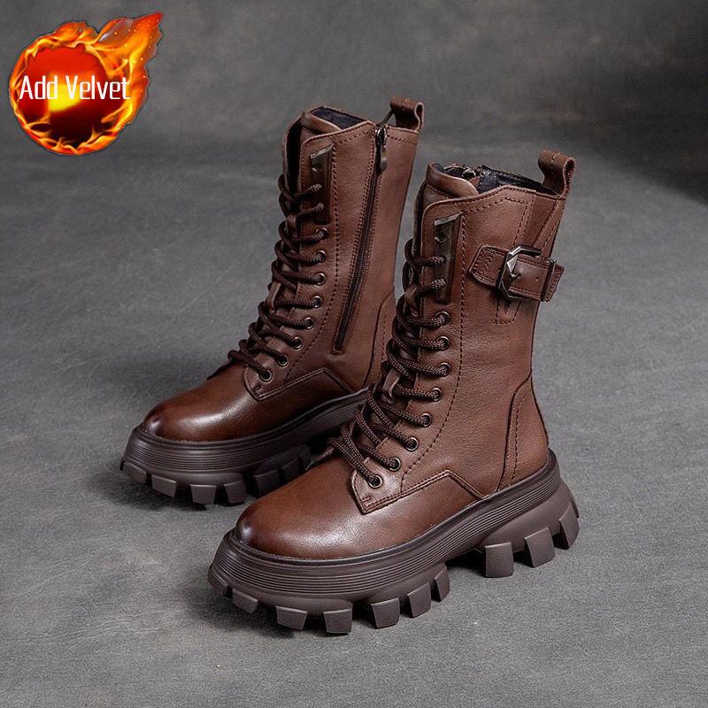 Fashion Autumn Winter Fleece-Lined Round Toe Leather Platform Ladies Mid Calf Shoes Chic and Elegant with Laces Women's Half High Boots