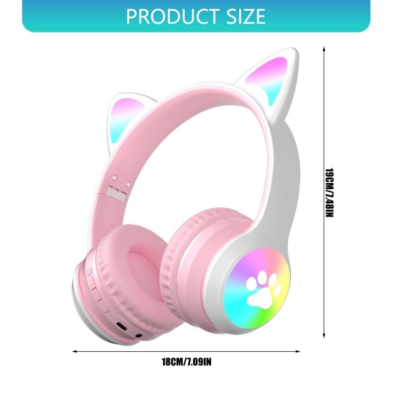 Active Noise Cancelling Wireless Bluetooth-compatible Cats  Ear Headphones Led Foldable Earphones TF Card Support