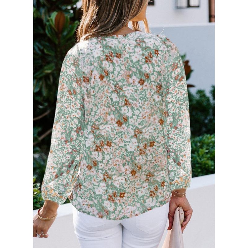 YYFS Women's Fashion Casual Spring Autumn Flower Pattern Print Long Sleeve V-Neck Blouses & Shirts