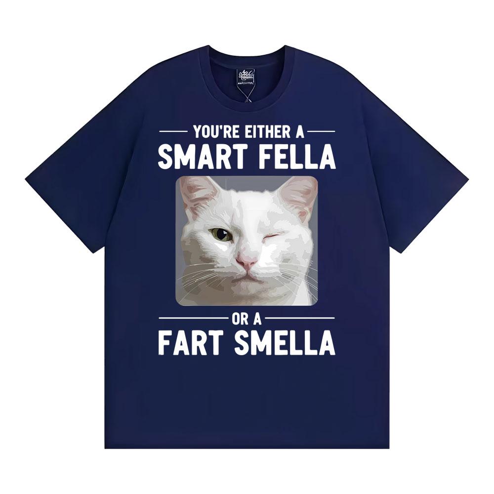 Winking Cat Smart Fella or A Fart Smella Graphic Tshirts Unisexs Women Clothing Retro Summer Short Sleeve Cotton Casual T Shirt