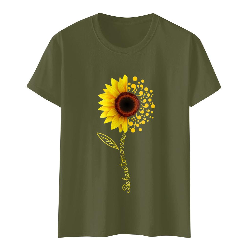 Sunflower Ladies Cute Print Short Sleeve Round Neck Front Shoulder Vintage Short Sleeve Summer Loose Shirt Top