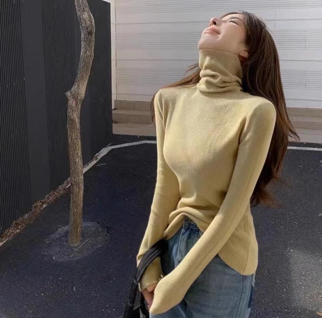 Piled Collar Solid Color All-match Knitted Sweater Women's Autumn and Winter Western-style Slim-fit Coat Inner Knitted Base Shirt