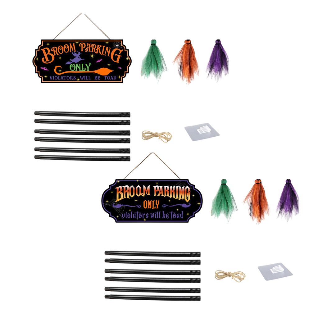 Enchanting Witches Broomsticks Parking Sign with 3 Wood Brooms Halloween Front Porch and Wall Decoration Party Supplies