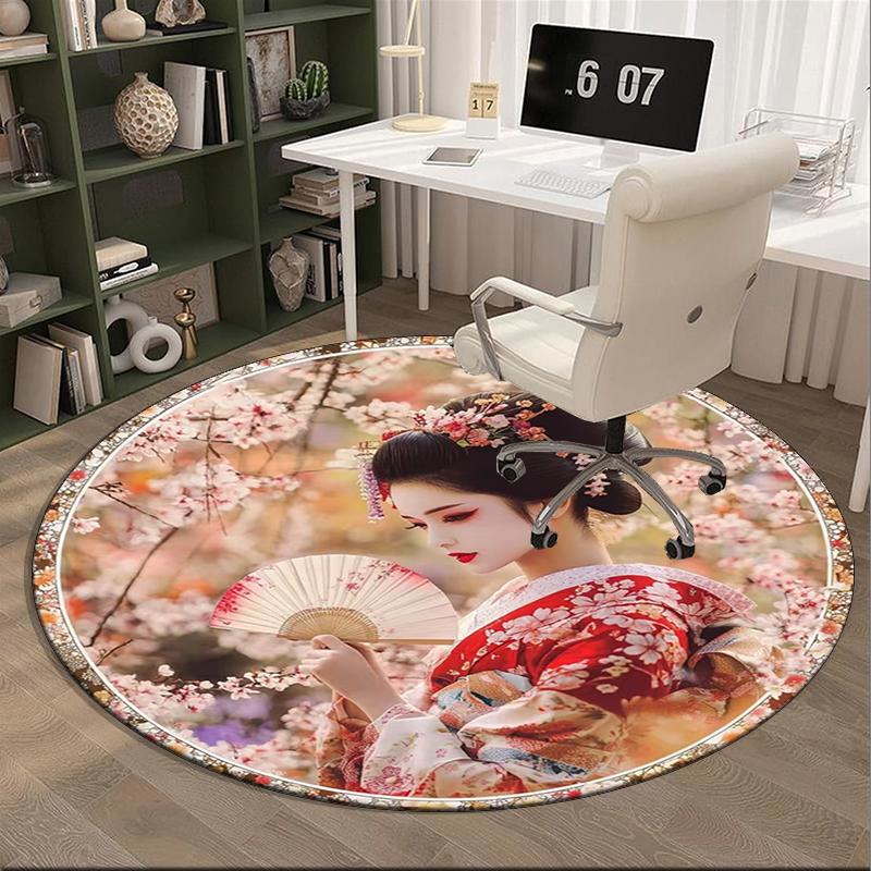 Cherry Blossom Geisha Beauty round carpet Chair cushion Round Entryway Rug, Soft Round Rugs for Living Room, Bedroom, Circle Carpet decor gifts