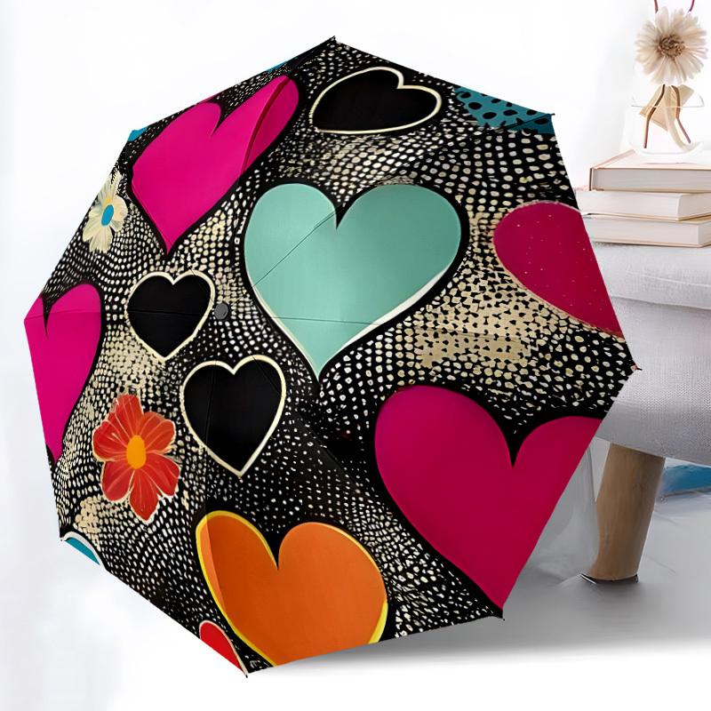 1pc Heart Flowers Automatic Open/Close Umbrella, Portable Folding Umbrella, Compact Travel Umbrella For145