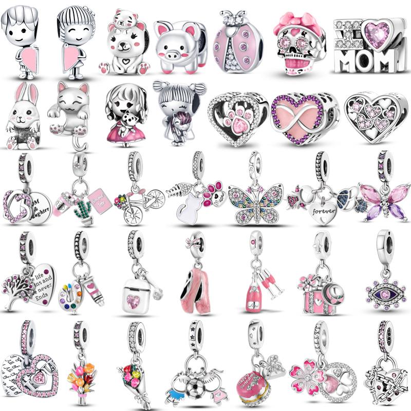 Pink Copper Plated Butterfly Flower Cat Girl Ballerina Shoe Charm Beads Fit Bracelet Necklace Pendant Diy Jewelry Making