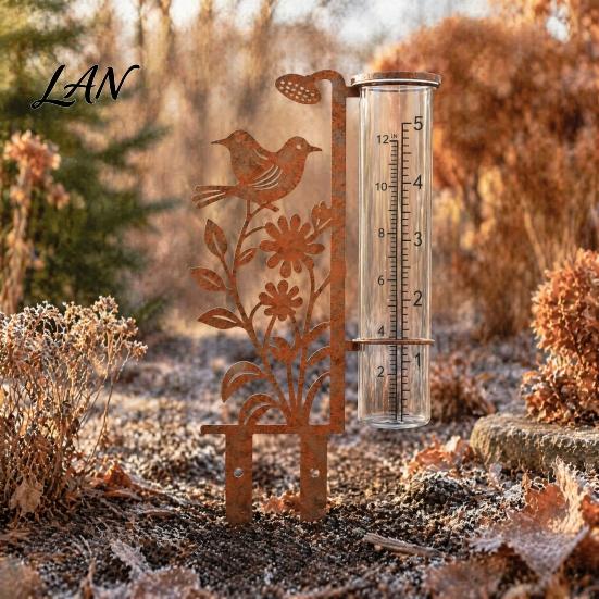Decorative Bird And Flower Rain Gauge Outdoor, 7.8 Inch Gauges for Measuring Precipitation, Freeze Proof Artistic Metal Gauge, Vintage Garden