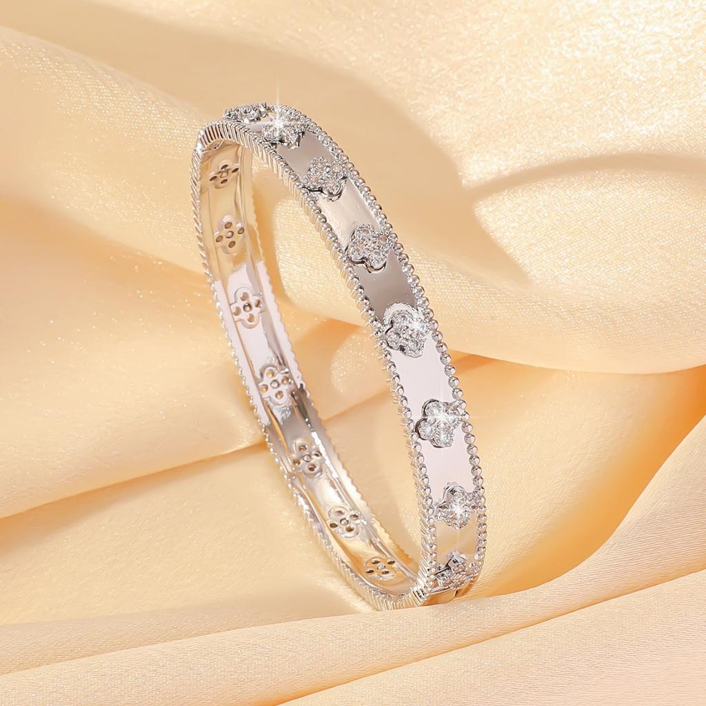 Four Leaf Clover Narrow Version Flower Tube Bracelet for Women, Thick Rose Gold Light Luxury Flower Tube Bracelet