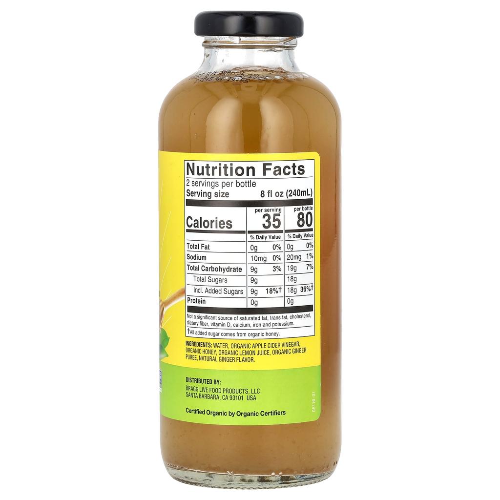 Organic Apple Cider Vinegar Refresher, Prebiotic, Ginger Lemon Honey, 473 Ml (16 Fl Oz)