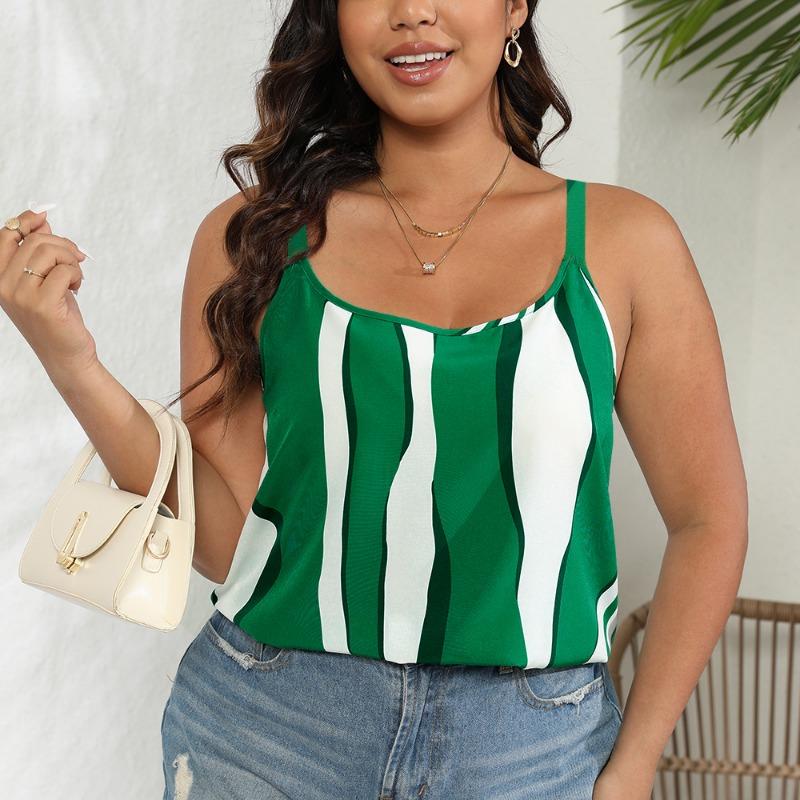 

Womens Plus Size Green White Stripe Cami Top Scoop Neck Sleeveless Casual Tank Top 0XL зелёный