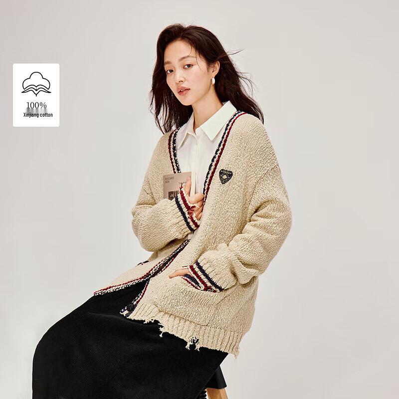 INMAN Retro Color Block Distressed V-Neck Knit Cardigan