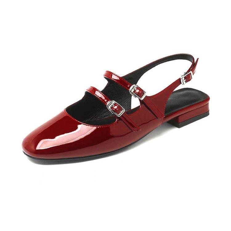 Double Buckle Silver Mary Jane Shoes Flat Low Heel French Retro Baotou Backempty Sandals Women