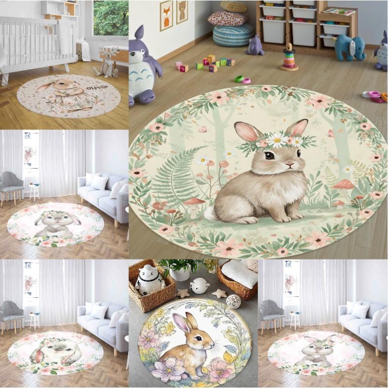 Rabbit Round Carpet Cartoon Rabbit Flower Printed Rug Living Room Bedroom Dressing Table Mat Home Decoration