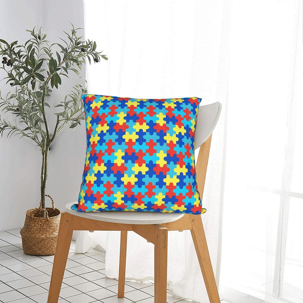 Red Yellow Blue Autism Puzzle Seamless Pattern Pillowcases Kawaii Pillow Case For Couch Sofa Bedroom Soft Pillow Cover