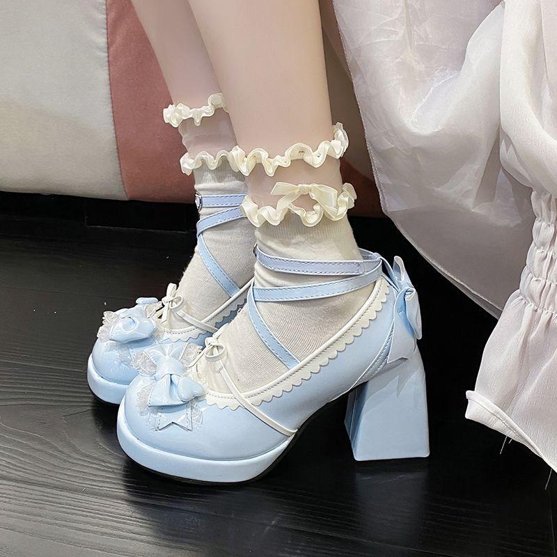 Korejská verze sladkých bílých bot na silném podpatku JK malé kožené boty Japonský kampus styl mašle princezna lolita boty