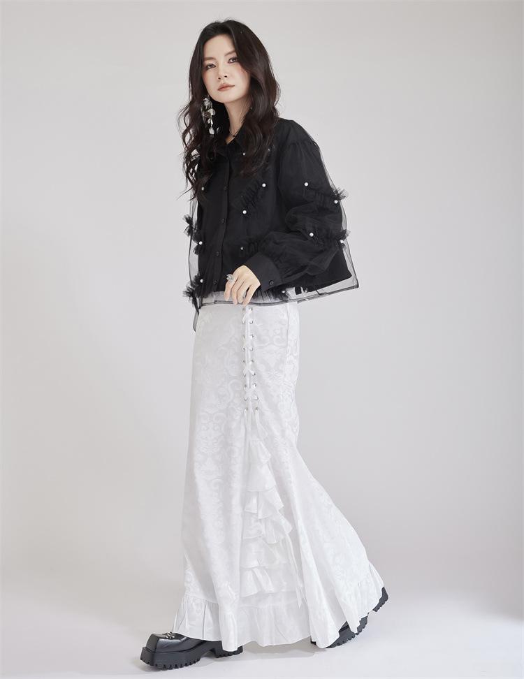 2025 Gothic Victorian Jacquard Fishtail Skirt with Lace-Up Detail
