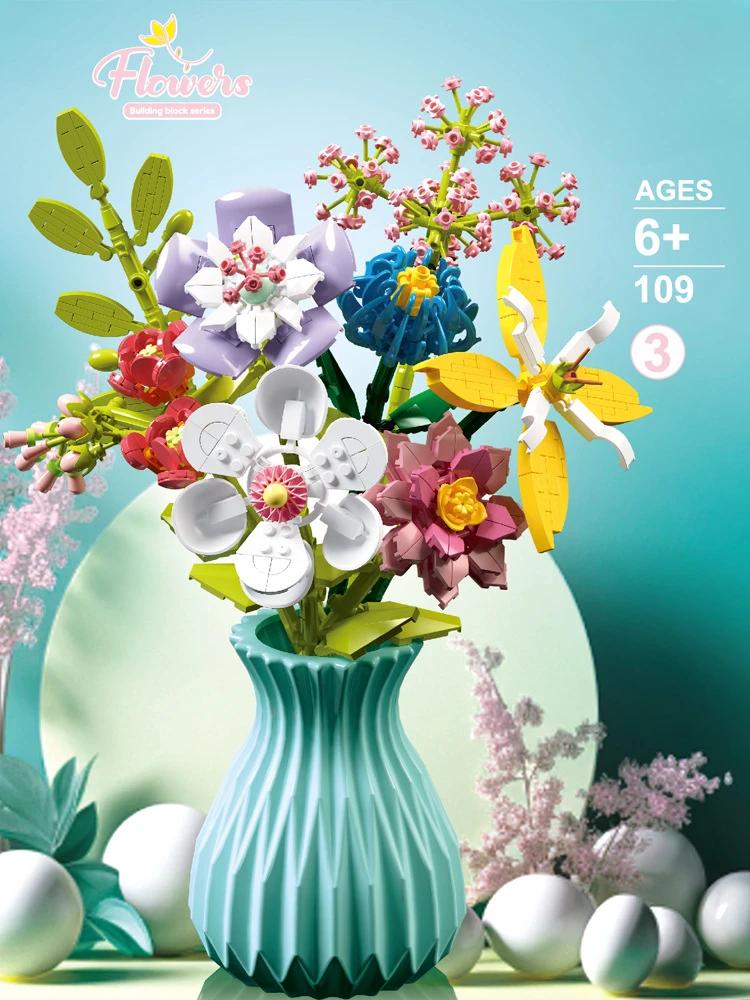 Micro Building Block with Vase Eternal Flower Bouquet Set Creative Home Decoration Ornament Compatible with