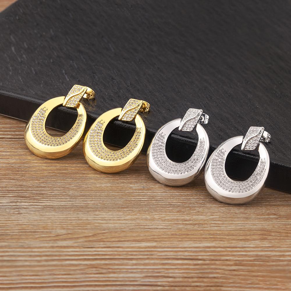 Nidin New Arrival Trendy Round Shape Hollow Design Charm Earrings For Women Inlaid Shiny Crystal Zircon Ear Jewelry Accessories