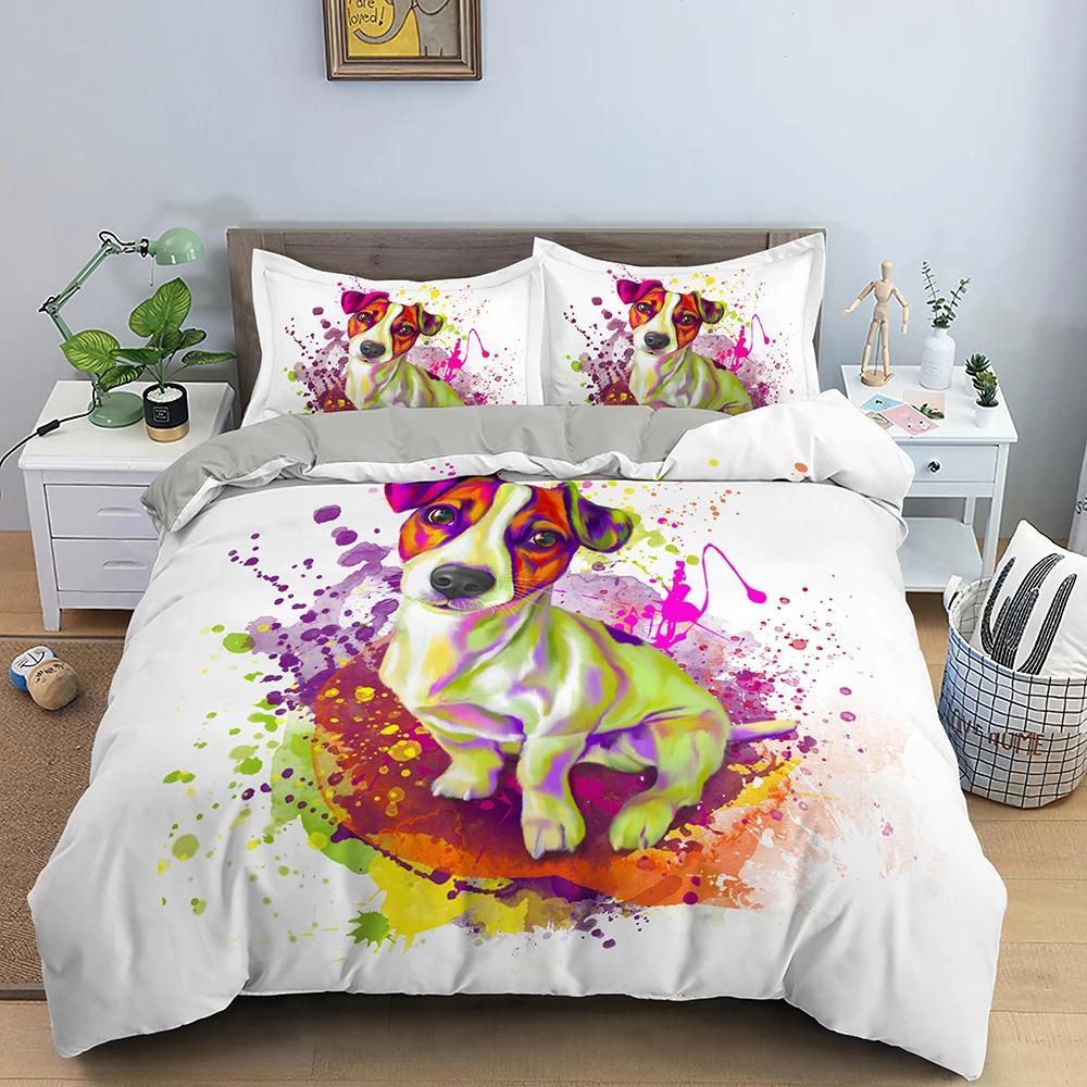 Watercolor Dog Bedding Set Cute Happy Colorful Puppy Duvet Cover Cartoon Bedding Decoration Queen for Women Children Girls Gift
