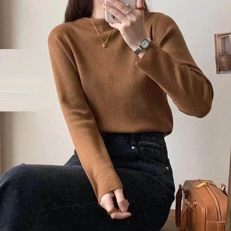 

Теплые шерстяные свитера 2023, осень-зима, корейская мода, пуловеры с полувысоким воротником, женские однотонные облегающие одежды 29774 One Size цветочный