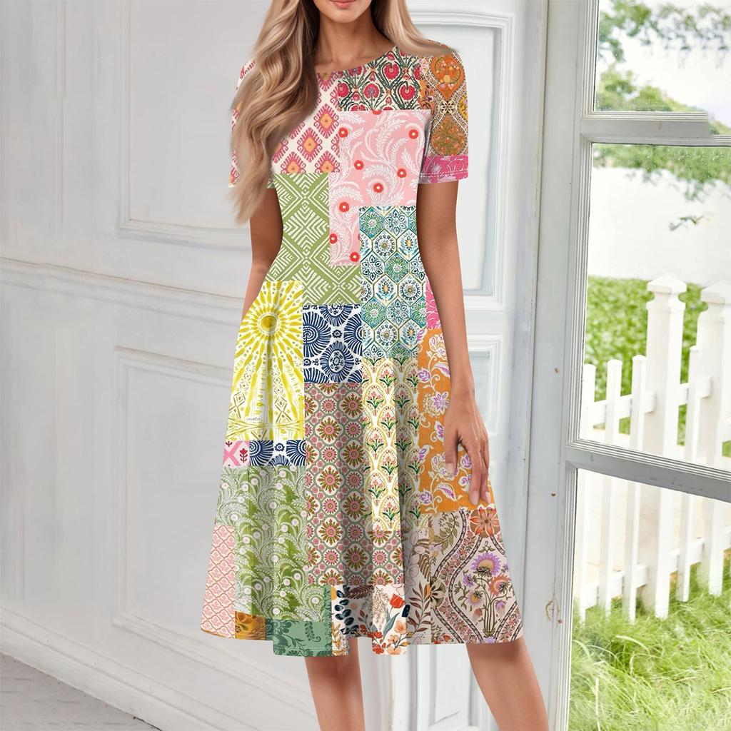 Abito lungo casual stampato da donna con scollo rotondo