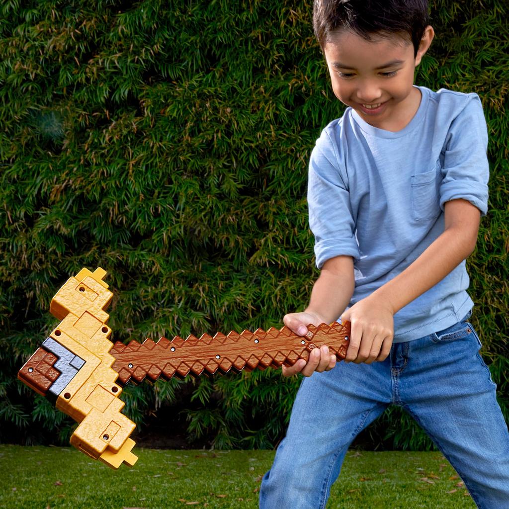 Mattel Minecraft Weapon Transforms in Sword and Pickaxe Figure for Ages 6 and No Batteries JKC15 Seconds! Kids, Up, Brown, Required,