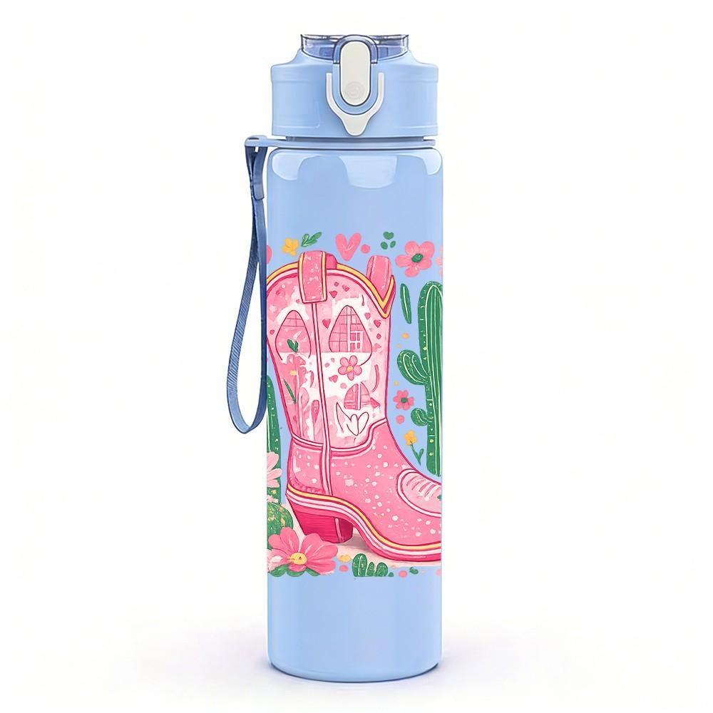 1PC Pink Cowboy Boot Cactus Western Print 750ml Color Plastic Sports Water Bottle Leakproof Flip Straw Lid Suitable for Sports Office Home Use