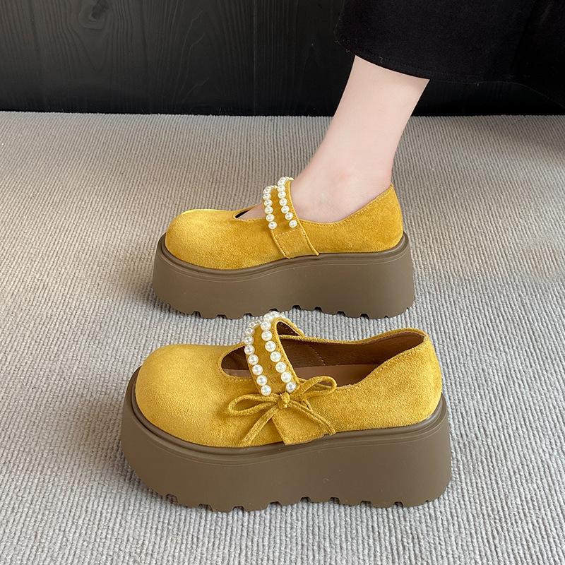 

Cute bow pearl thick-soled Mary Jane women s shoes retro suede comfortable breathable muffin bottom light mouth single shoes 40