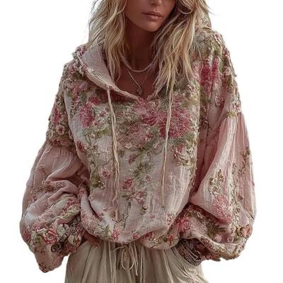 Women's Floral Print Patchwork Hoodie Oversized Vintage Pullover Sweatshirt Fall Casual Long Sleeve Hooded Outfit