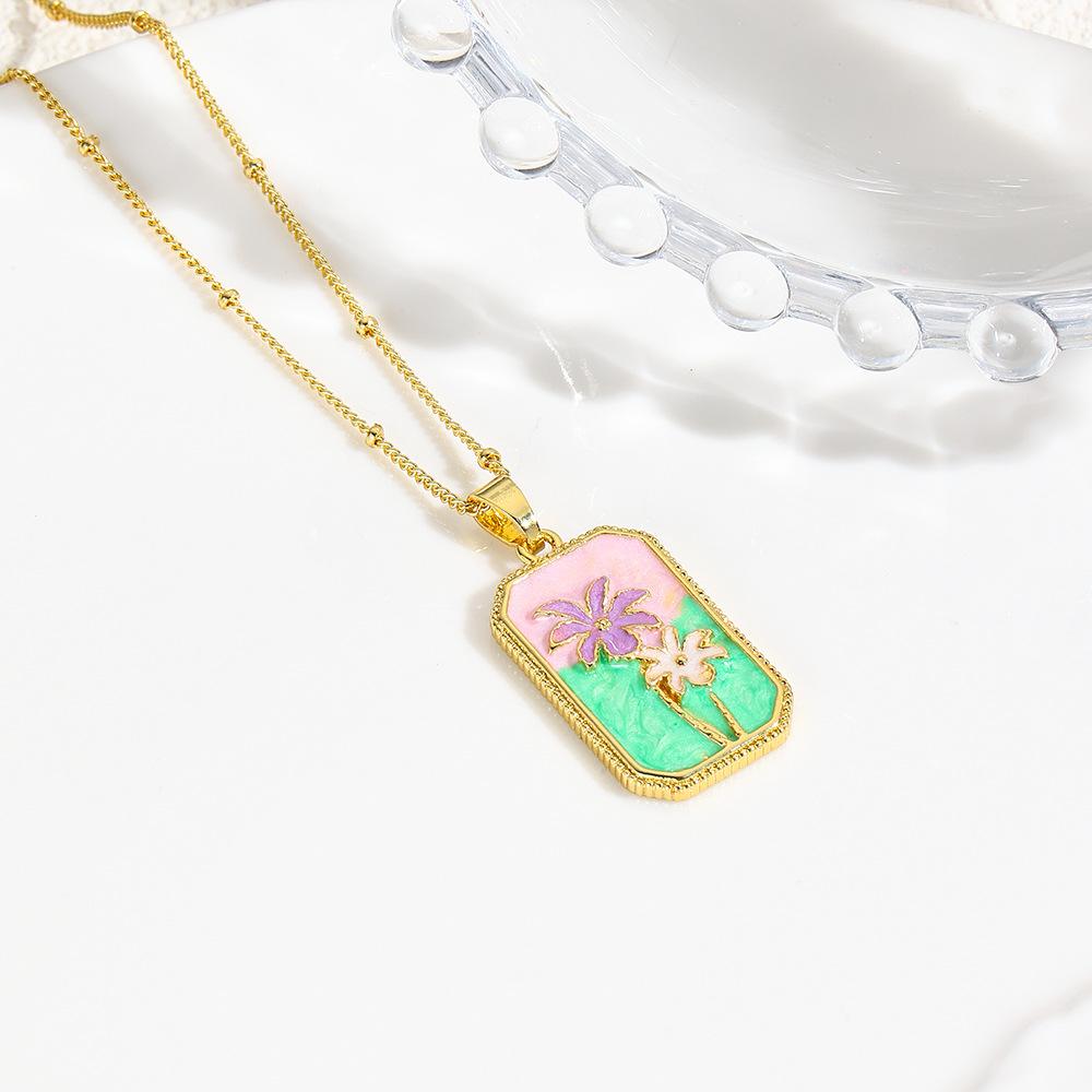 European and American Retro Copper Plated 18k Gold Coconut Tree Chrysanthemum Swan Dripping Oil Tarot Pendant Necklace Pendant