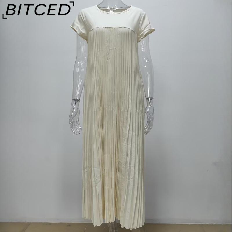 BITCED Herbst Damen Elegantes Mode O-Ausschnitt Ärmelloses Plissee Maxikleid