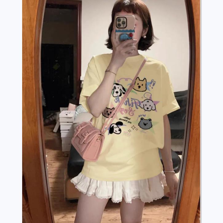 

2024 Летняя женская хлопковая футболка с принтом милой собаки — облегающая, свободная, круглая горловина, короткие рукава S for up to 90 lbs