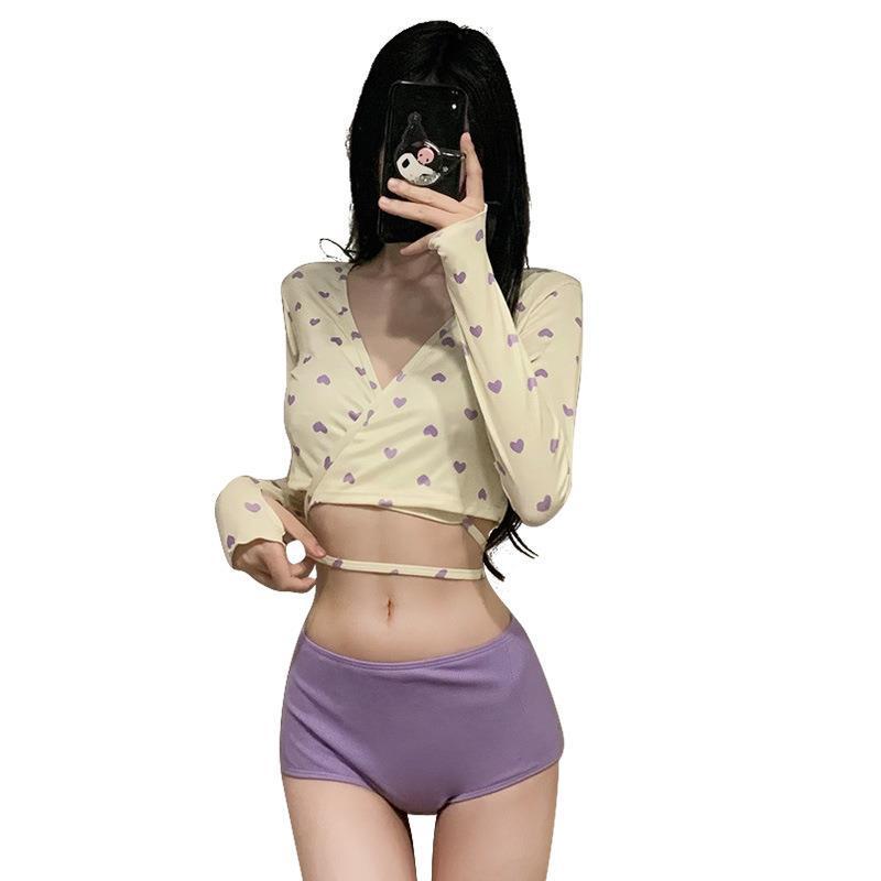 Women's Purple Long-Sleeve Three-Piece Swimsuit Set - High-Waisted, Slimming, Sun-Protective, Split Design.