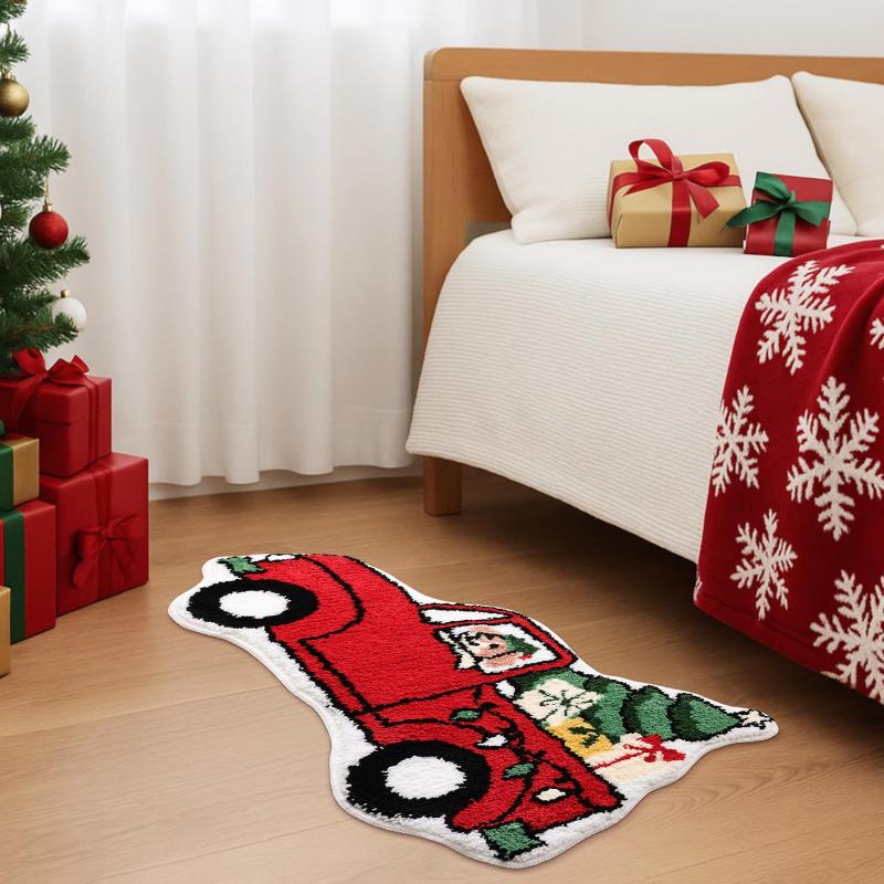 Holiday Red Truck Christmas Tree Plush Bath Mat Easy‑Care Rug for Indoor Bedroom Xmas Home Decoration