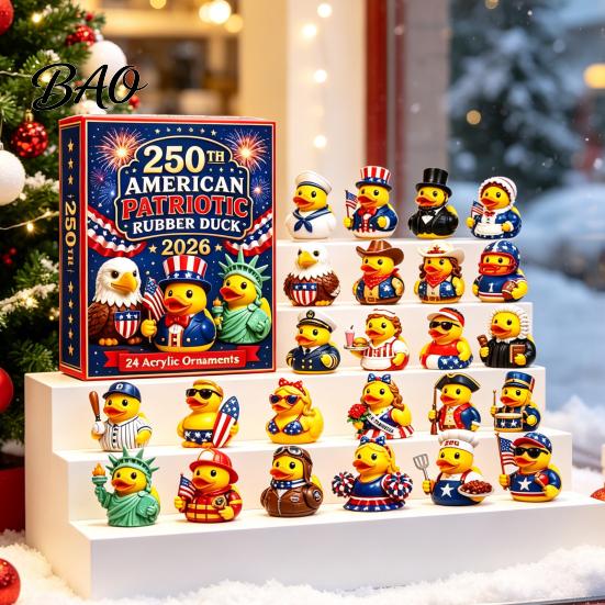 Acrylic Surprise Gift Boxes 2026 USA 250th Anniversary Rubber Duck Advent Calendar, 24-Day Patriotic Countdown Creative Holiday Kit Collection Box, 2D
