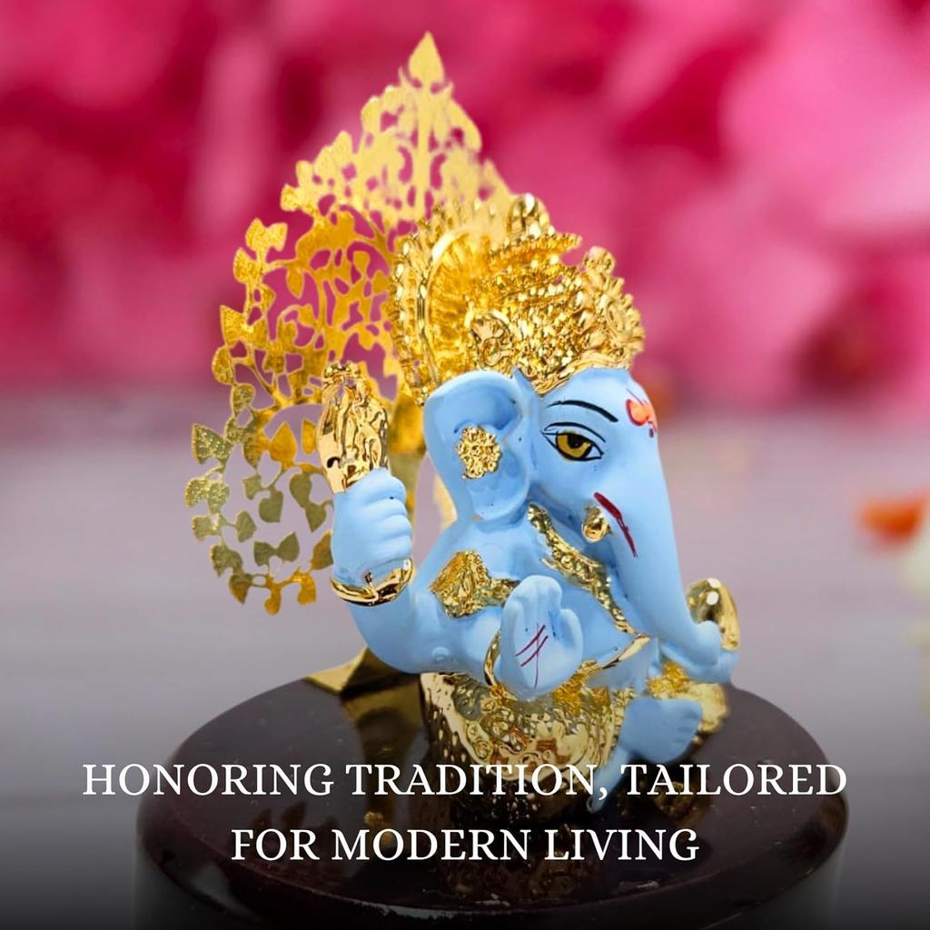 Gold Plated Kalpavrikshya Tree Ganesh Idol Ganpati Murti for Car Dashboard, Office Desk, Hindu God Gift & Home Decor - Resin (Blue)