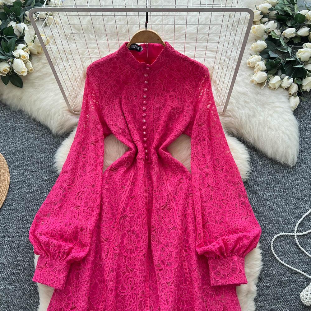 French Court Style Dress Women's Autumn High-end Single-breasted Waist and Thin Temperament Lace Long Dresses