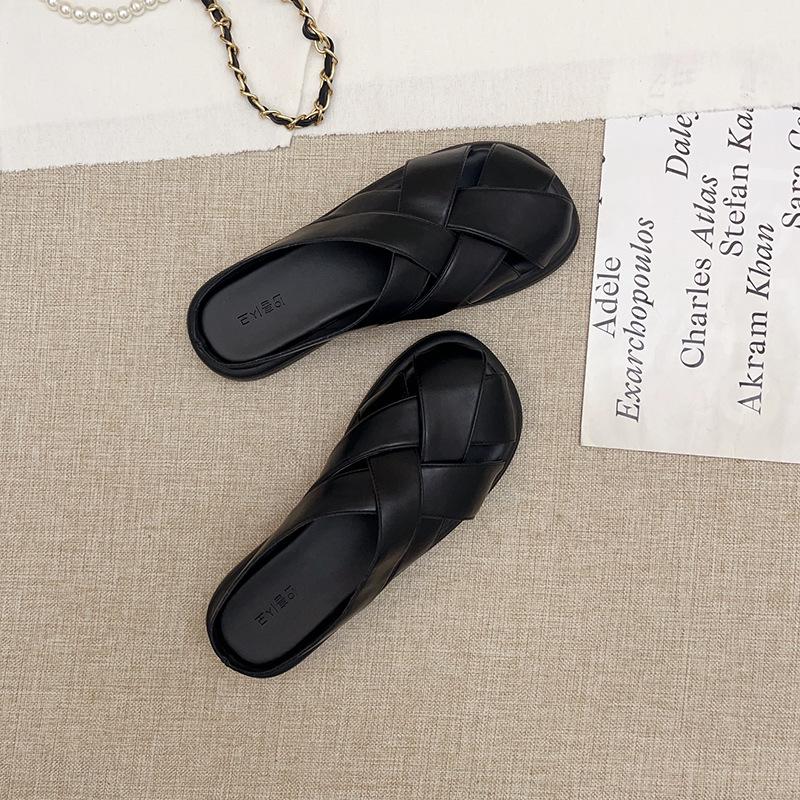 

Ретро кожаная сумка тапочки женские летние для улицы новые универсальные плетеные сандалии на плоской подошве с юбкой полушлепки 40