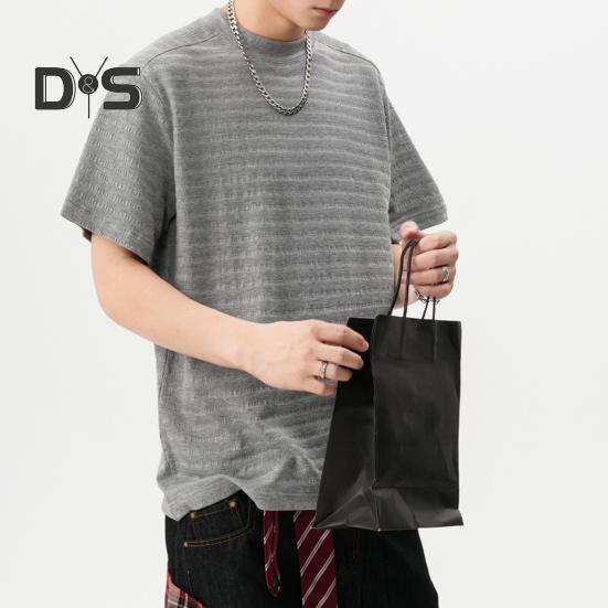 Men T-shirt Round Neck Short Sleeve 3D Striped Jacquard Design Tee Shirt Solid Color Loose Fit Summer Casual Tops