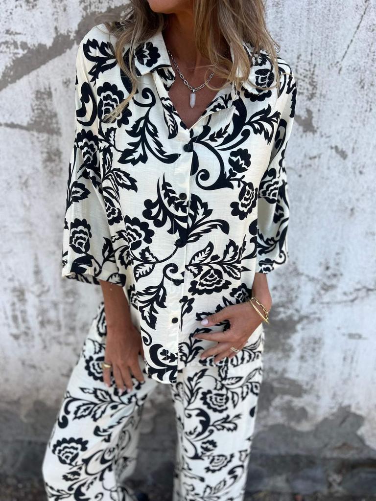 Women's Printed Two-Piece Set: Casual Shirt and Long Pants