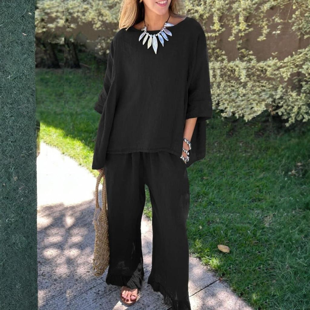 Damen Locker Bequem Lässig Modisch Baumwolle Und Leinen Einfarbig Ellbogenärmeliges Oberteil Und Hose Zweiteiliges Set