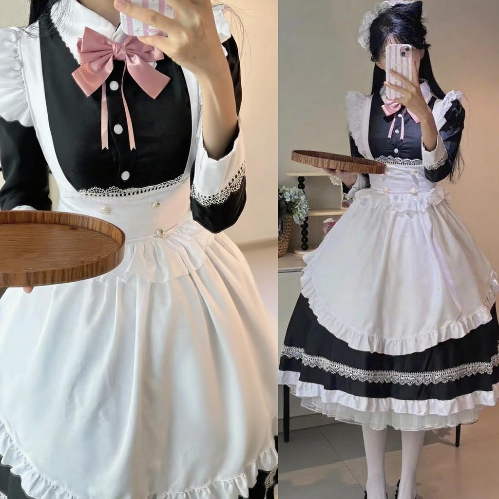Sivrusn Maid Black and Maid Cafe Halloween Cosplay Classical Long and Plus Size Costume Apron Headband for Events and Size S British-style Dress,