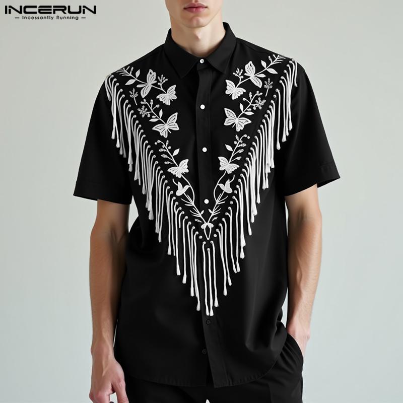 

INCERUN Men Summer Lapel Neck Sleeveless Embroidery Tassel Casual Shirts L чорний