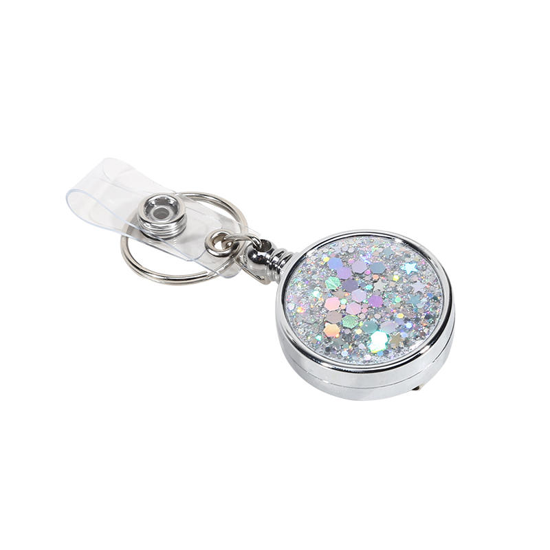 Glitter Epoxy Resin Rotating Retractable Keychain Badge Reel with Sequins Cute Creative Office ID Card Holder Strap