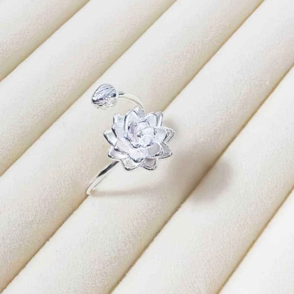 Elegantly Crafted White Lotus Flower Open Adjustable Ring