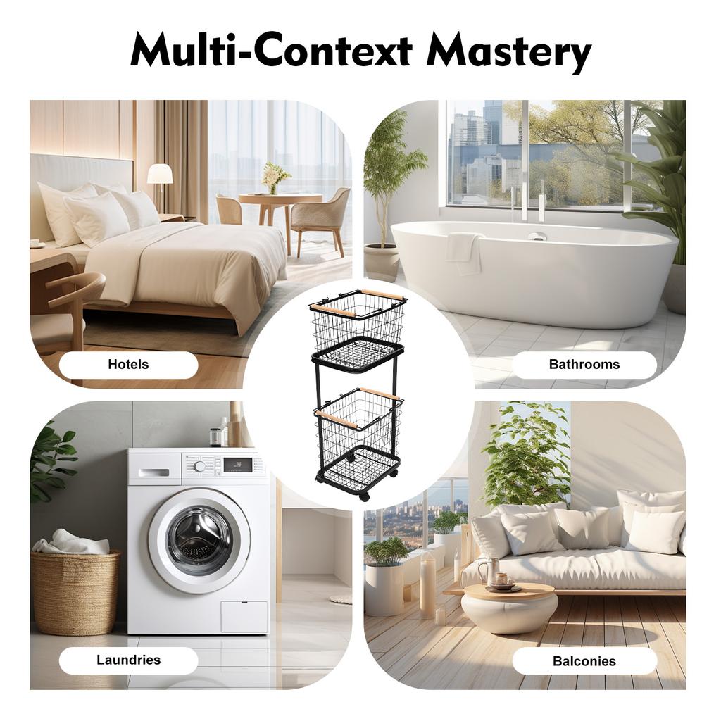 2-Tier Laundry Hamper Cart with Wheels, Heavy-Duty Iron Frame Storage Organizer Basket for Clothes Toys, Modern Black