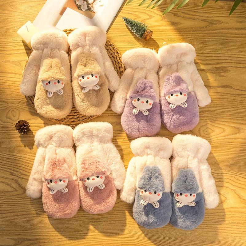 Winter outdoor cold-proof plush thickened warm gloves women's new casual neck cute plush full finger