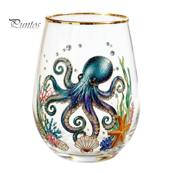 Retro Enamel Style Cup Hand Painted Glass Tumbler, Egg Shaped with Gold Rim, Clear Lead-Free Ocean Turtle Pattern Mug for Tea Coffee Wine Juice