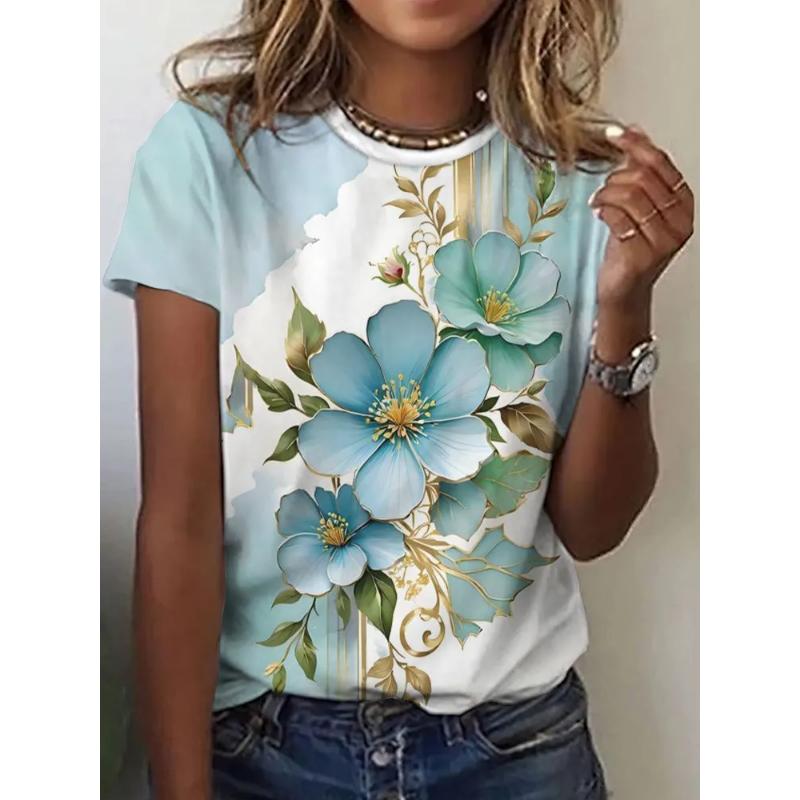 Fashion Women's Crew Neck T-Shirt 3D Flower Color Printing Short Sleeve